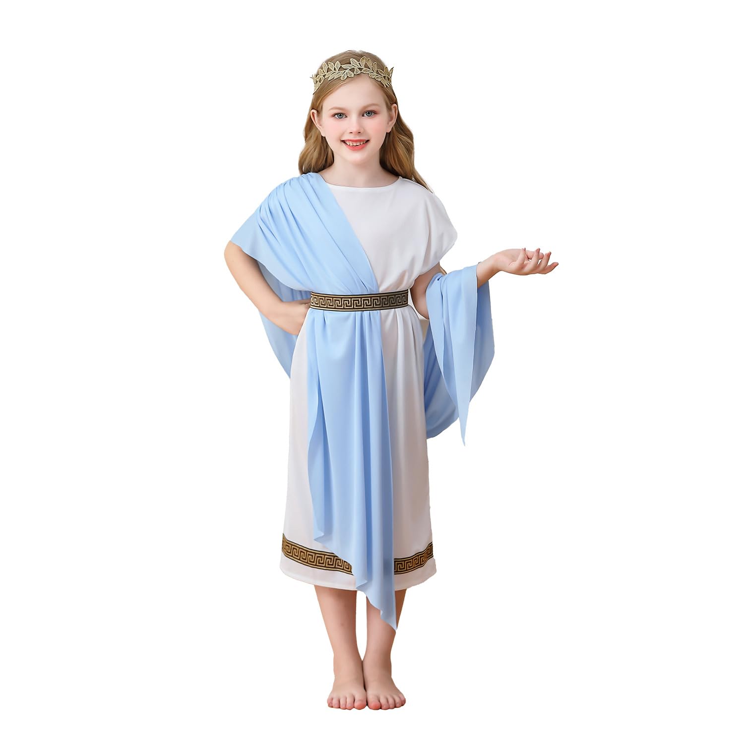 HDAKDDHG Greek Goddess Costume for Girls, Greek Outfit for Dress-Up, White Robe Dress for Toga Party or Halloween with Leaf Headband-160