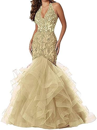 Gralre Women's Deep V Neckline Halter Ballgowns Backless Puffy Prom Dresses Formal Evening Gowns Champagne US8
