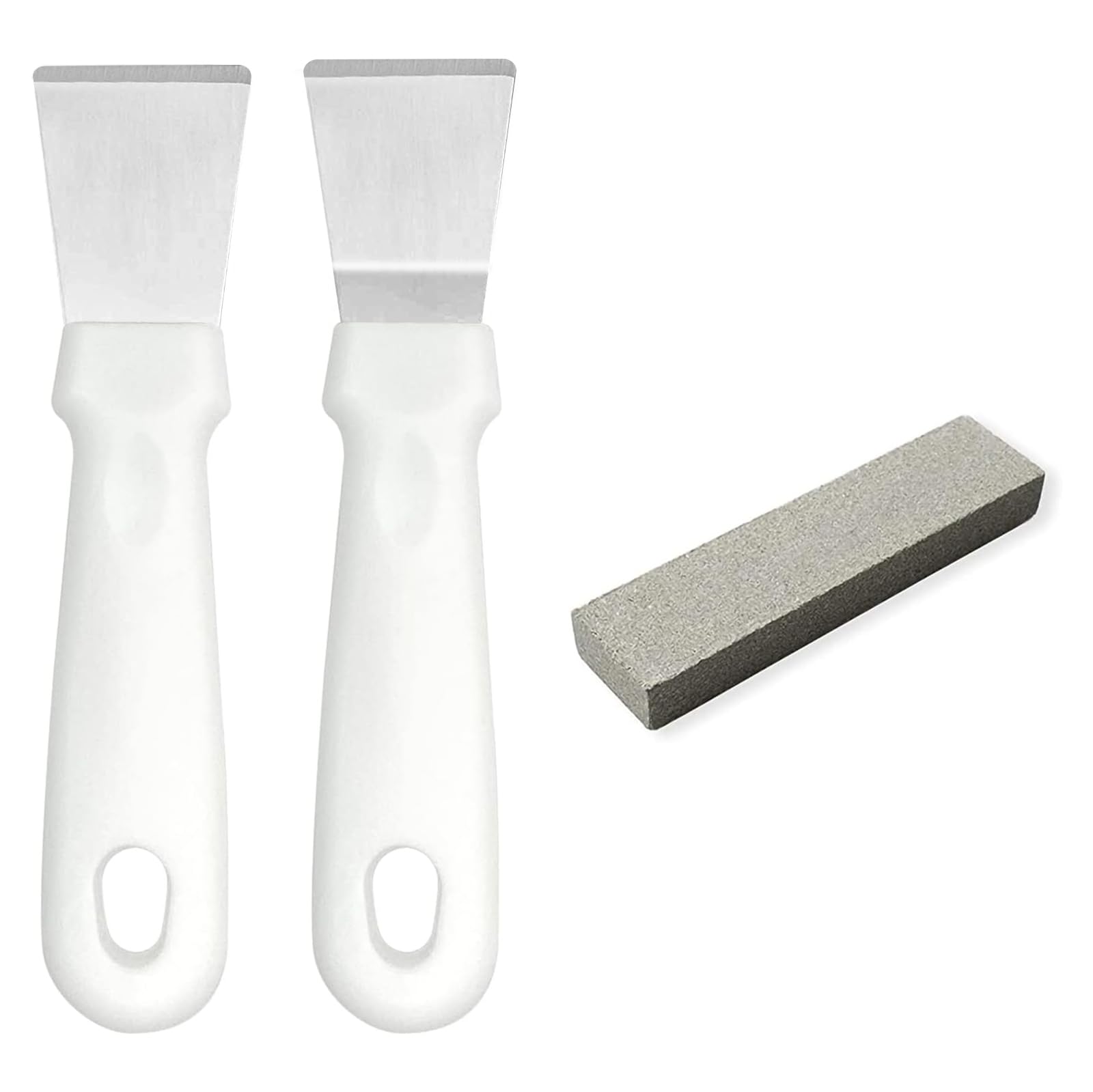 2Pcs Cleaning Scraper for Ovens, Stoves, Induction Hob,Freezer Stainless Steel Multi Kitchen Scraper with Grindstone (Straight Version + Bending Version) (White)