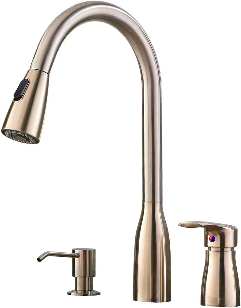 Hotis 3 Hole Stainless Steel Single Handle Pull Down Kitchen Faucet, Kitchen Sink Faucet with Soap Dispenser