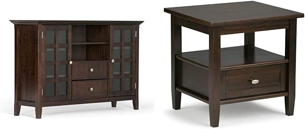 Simpli Home Acadian SOLID WOOD Universal Tall TV Stand, 53", Tobacco Brown & Warm Shaker SOLID WOOD 20" Rectangle Rustic Contemporary End Side Table in Tobacco Brown with Storage, 1 Drawer and 1 Shelf