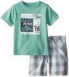 Calvin Klein Little Boys' Logo T-Shirt and Flat-Front Plaid Short Two-Piece Set
