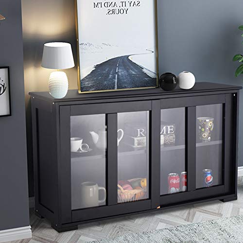 WATERJOY Kitchen Storage Sideboard, Stackable Buffet Storage Cabinet with Sliding Door Panels for Home Kitchen, Antique Black - Thumbnail 3