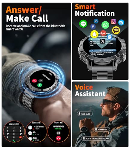 HIRREO EF18 Military Smart Watch for Men, 1000 mAh Large Battery, 1.85″ HD Smartwatch with LED Flashlight/Sleep/100+ Sports, IP68 Waterproof Smart Watches for Android iOS (3 Straps), Black