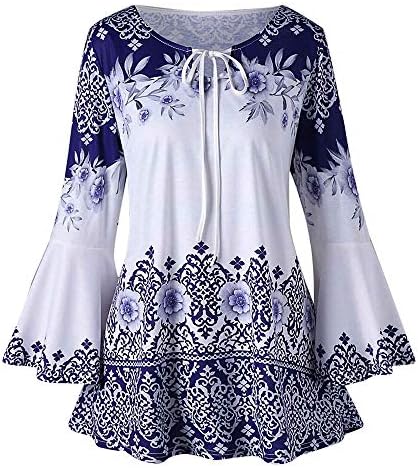 POQOQ Tops Blouses Womens Fashion Plus Size Printed Flare Sleeve T-Shirts