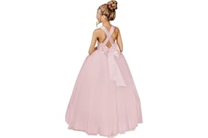 JISISANG Crossed Straps Flower Girl Dress Satin Long Prom Dress with Bow Puffy Tulle Pageant Dresses for Girls