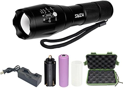 SWZA Led Tactical Flashlight with Rechargeable 18650 Lithium Ion Battery and Charger, Water Resistant Military Grade Tac Light, 5 Modes Zoom Function Ultra Bright Torch