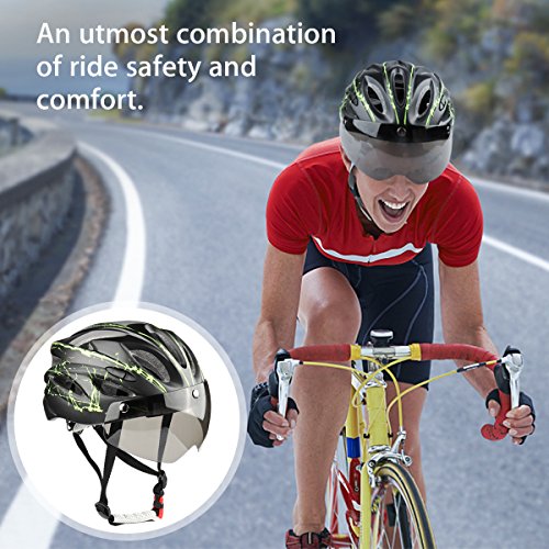 Ranger5 Cycling Helmet with Visor, Adult Bike Helmets with Removable Magnetic Shield, Detachable Liner & Dust Resistant Cover, Lightweight, Adjustable Size for Road Cycling, Outdoor - Black & Green