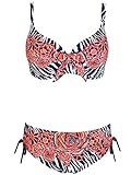 Abary 2-Piece Flowers Printing Striped Bathing Suit Plus Size Bikinis Cup D-G