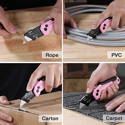 WORKPRO Folding Utility Knife, Quick Change Box Cutter, Razor Knife for Cartons, Cardboard, Boxes, Blade Storage in Handle, 13 Extra Blades Included (Pink)
