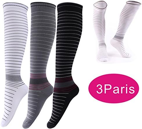SKUNDU Graduate Compression Socks For Women& Men 15-20 mmHg 3 Pairs High Knee Recovery Nursing Travel & Flight Socks(Assort,L/XL)