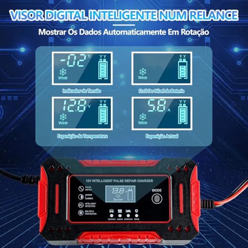 Carregador de Bateria Inteligente 12V Bivolt com Display Digital – Para Carro, Moto e Caminhão | Proteção contra Superaquecimento, Sobrecarga, Curto-Circuito e Compensação de Temperatura - Premium