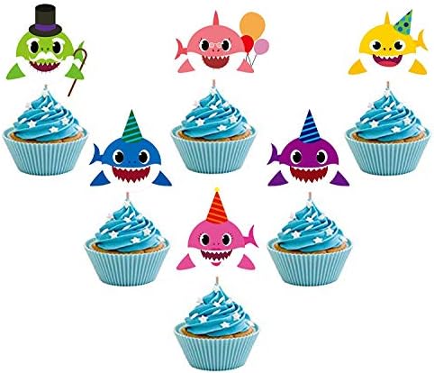 24PCS Cute Shark Cupcake Toppers For Kids Birthday Party, Baby Shower Cake Decorations