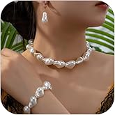 NLMSKI Baroque Irregular Pearl Beaded Chunky Necklace Bracelet Earrings Set Three Piece For Women Statement Elegant Chic White Pearl Adjustable Fashion