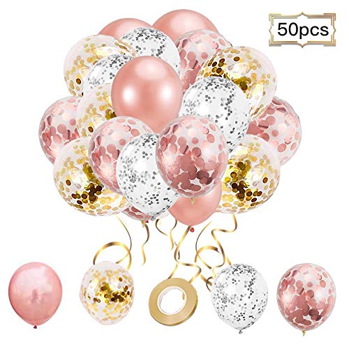 Rose Gold Confetti Balloons, 12 Inch Latex Party Balloons with Confetti