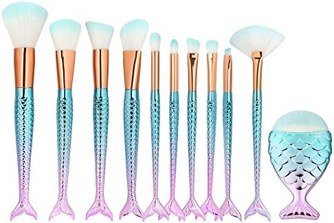 Eye Face Makeup Brushes Set 11PCS - Sazooy Professional Shadow Eyebrow Eyeliner Foundation Blush Lip Mermaid Makeup Brushes Powder Liquid Cream Cosmetics Blending Soft Brush Tool (Mermaid)