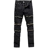 Rexcyril Men's Moto Biker Jeans Distressed Ripped Skinny Slim Fit Denim Pants with Zippers