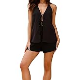 Hesaco Linen Set for Women - 2 Piece Suits Set Linen Tie Front Top Linen Vest Women Y2k Backless Tank Top Going Out Tops