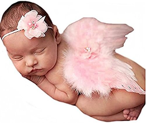 Rebecca online Newborn Baby Feather Angel Wings With Lotus Hairband, Photography Props With Flower Halo Set (Pink)