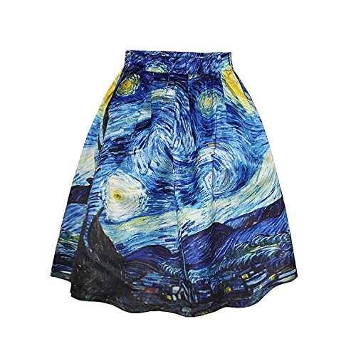 ZIOOER Elastic Waistband Digital Print Flared Pleated Casual Skirt Starry Night L/XL