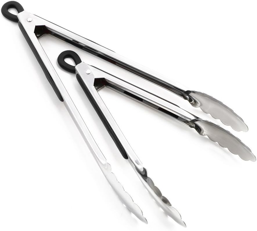 MANLEHOM Kitchen Tongs, Stainless Steel Heat Resistant Locking Tongs for Cooking Food Serving Salad Barbecue Grill 23cm + 30cm Black