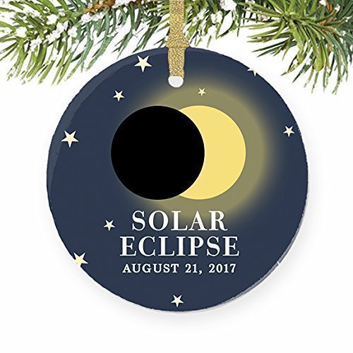 Solar Eclipse Ornament August 21 2017 North America Total Partial Sun Moon Totality Christmas Tree Gift Idea 3" Flat Circle Porcelain Ceramic Ornament Keepsake Present Gold Ribbon & Gift Box OR00322