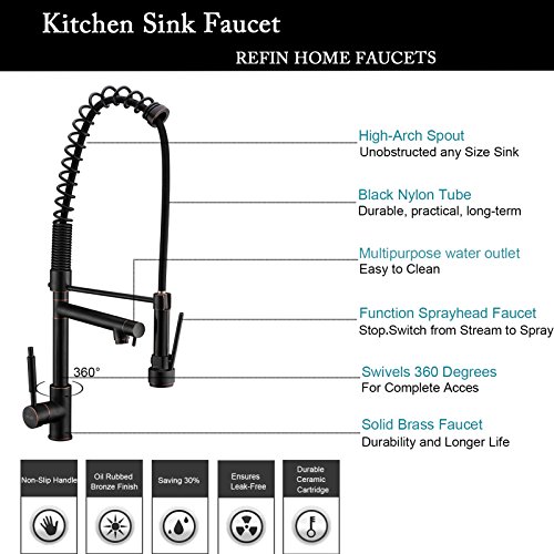 Oversized Kitchen Faucet with Pull Down Sprayer Delle Rosa Heavy-Duty Commercial Style Single Handle Spring Pre-rinse Farm Sink Faucets Oil Rubbed Bronze