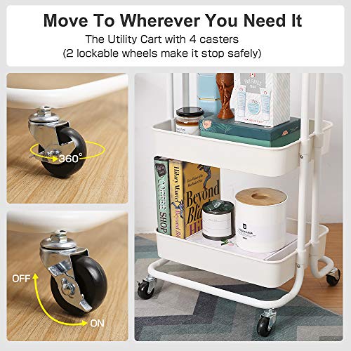 3-Tier Utility Cart, Kitchen Rolling Utility Cart Trolley Storage Shelves with Metal Tubes Lockable Wheels, Easy Assembly Food Service Mesh Basket Cart for Kitchen, Bathroom, Office Paint Storage - Thumbnail 2