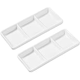 DOITOOL 4Pcs Ceramic Divided Serving Platters, 3 Compartment Appetizer Serving Tray Snack Dishes, White Rectangular Divided Sauce Dishes for Home Restaurant Kitchen