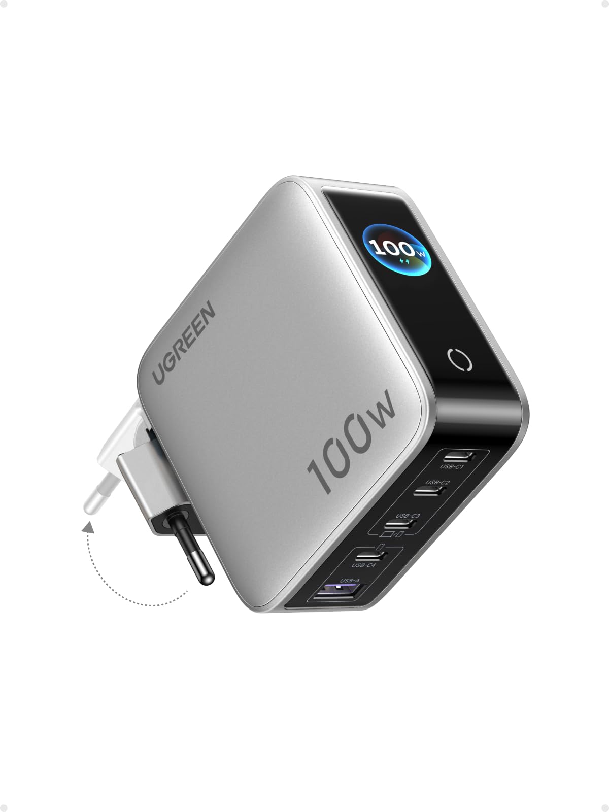 UGREEN Nexode Pro 100W USB C Ladegerät, GaN Netzteil 5-Port mit Smart Display & Touch Control, Laptop Charger PPS Schnellladegerät kompatibel mit MacBook Pro/Air/Neo, iPad, iPhone 17, Galaxy S26, S25