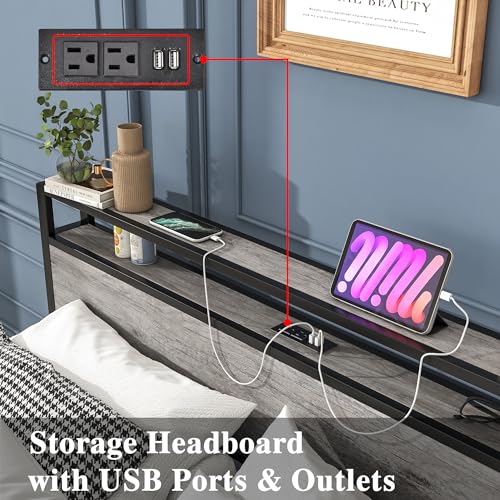 HOJINLINERO Queen Bed Frame with Storage Headboard/USB Charging Station,Metal Platform Bed Frame Queen Size Mattress Base No Box Spring Needed,Heavy Duty Metal Slats,Under Bed Storage,Noise-Free,Grey