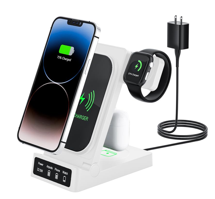 TechFlow Foldable 3 in 1 Wireless Charger, Fast Wireless Charger for iPhone15/14/13/12/11/Pro Max/X/XS/XR/8 Plus, Apple Watch 9/8/7/SE/6/5/4, Air Pods 3/Pro/2 (White) 15W + 5W + 3W