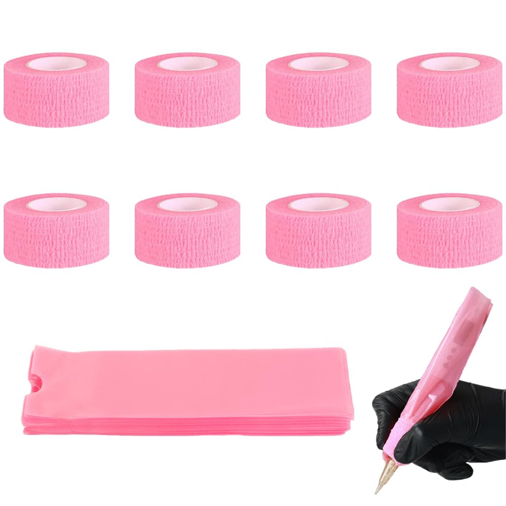 200 PCS Tattoo Pen Covers Disposable Tattoo Machine Pen Bags Pink Tattoo Pen Sleeves with 8 Rolls Tattoo Grip Wrap Tattoo Supplies for Tattoo Artist Tattoo Lovers