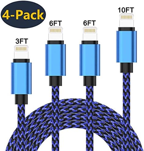 Creddeal Phone Charger Cable 4 Pack [3/6/6/10 FT] Nylon Braided Fast Charging & Syncing Cord Compatible Phone X/8/8 Plus/7 Plus/6 Plus/6s Plus/5/5s/Pad/Pod/se - Blue