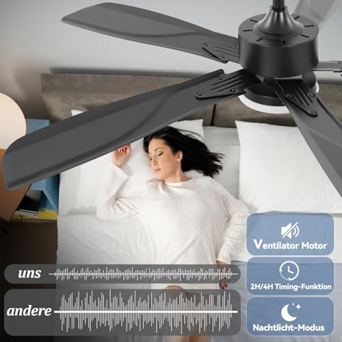 Homefire Ceiling Fan with Silent Lighting – Dimmable LED 23 W Black Ceiling Lamp with Fan and Remote Control 125 cm 6 – Timer for Bedroom Kitchen