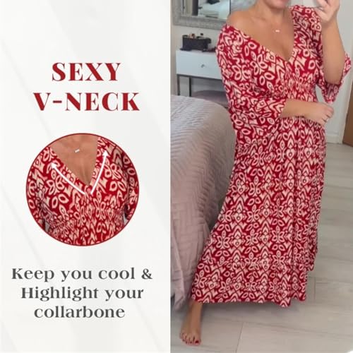 JUUCWOUT BOHEMIAN CASUAL PRINT V-NECK SHIRRED WAIST LONG DRESS, FLORAL WRAP 3/4 SLEEVE DRESS FOR WOMEN BLUE