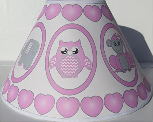 Pink Baby Safari Lamp Shade with Elephants, Owl, Zebra, Giraffe, Hippo, Lion and Monkey Nursery Decor