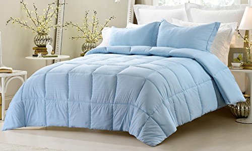 3pc Reversible Solid/ Emboss Striped Comforter Set- Oversized and Overfilled - 2 bedding looks in 1 - Queen-Light Blue