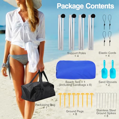 Rhino Valley 3 x 3 m Ultra Stable Portable Beach Tent, UV Protection UPF50+ Super Windproof Beach Tent with 8 Fillable Sand Anchors and 4 Aluminium Rods