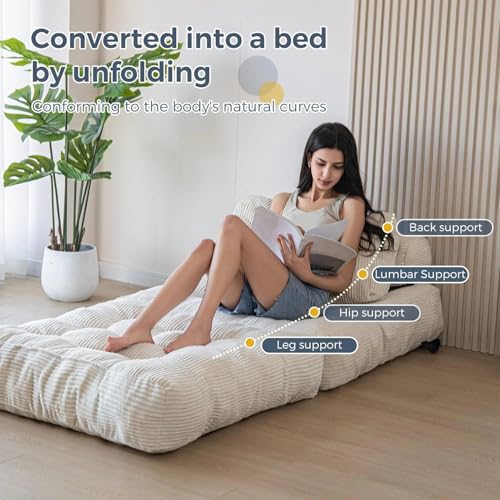 Folding Sofa Bed, Transformable Sleeping Chair Bed with Pillow, Floor Sofa with Back Support, Folding Mattress Suitable for Living Room, Bedroom, Study(WHITE)