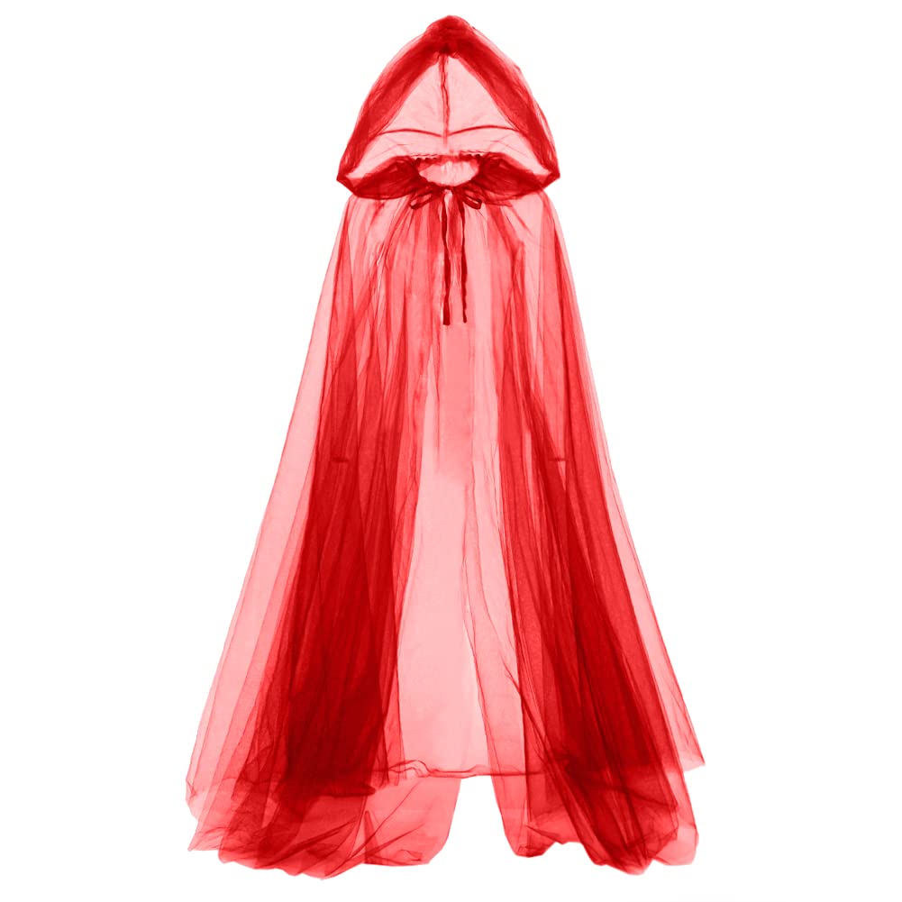 GRACEART Medieval Halloween Costume Hood Tulle Cloak for Women Cosplay Vintage Vampire Horror Bride Long Cloaks Cape (Red)