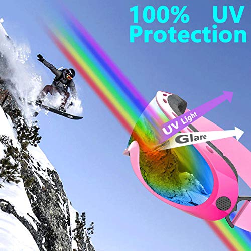Zollen Ski Goggles, Snowboard Goggles for Kids, Boys, Girls, Youth, Men & Women, Anti-Fog Snow Goggles, Anti-Glare Lenses, 2 Packs, Colorful & Pink/Fuchsia