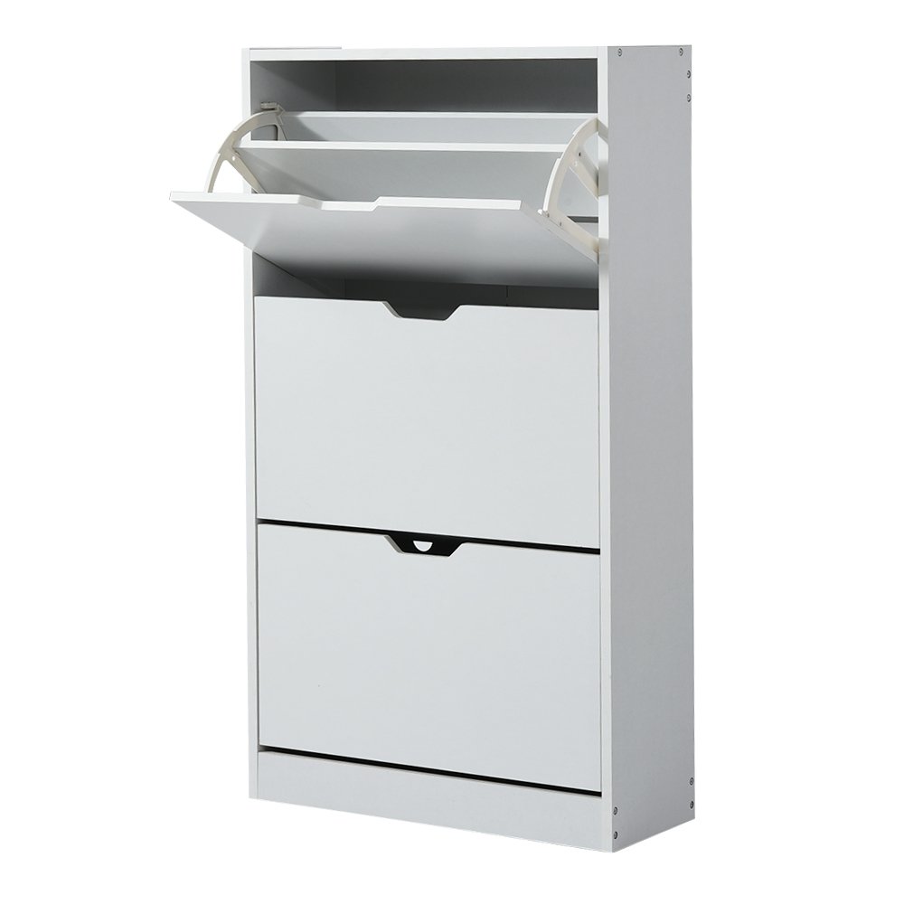 Beshomethings 3 Tiers Shoe Storage Cabinet,Wooden Rack Cupboard Sideboard Organizer Unit With Drawers in White