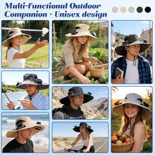 Solar Fan Hat,Solar Powered Fan Hat for Men Women,Wide Brim Sun Hat with 2 Solars Fan,2-in-1 Hands-Free Hats Fans