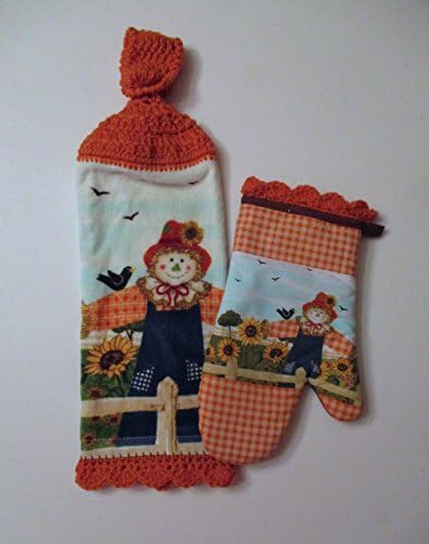Scarecrow Crochet Top Hanging Kitchen Towel and Oven Mitt, Set of 2