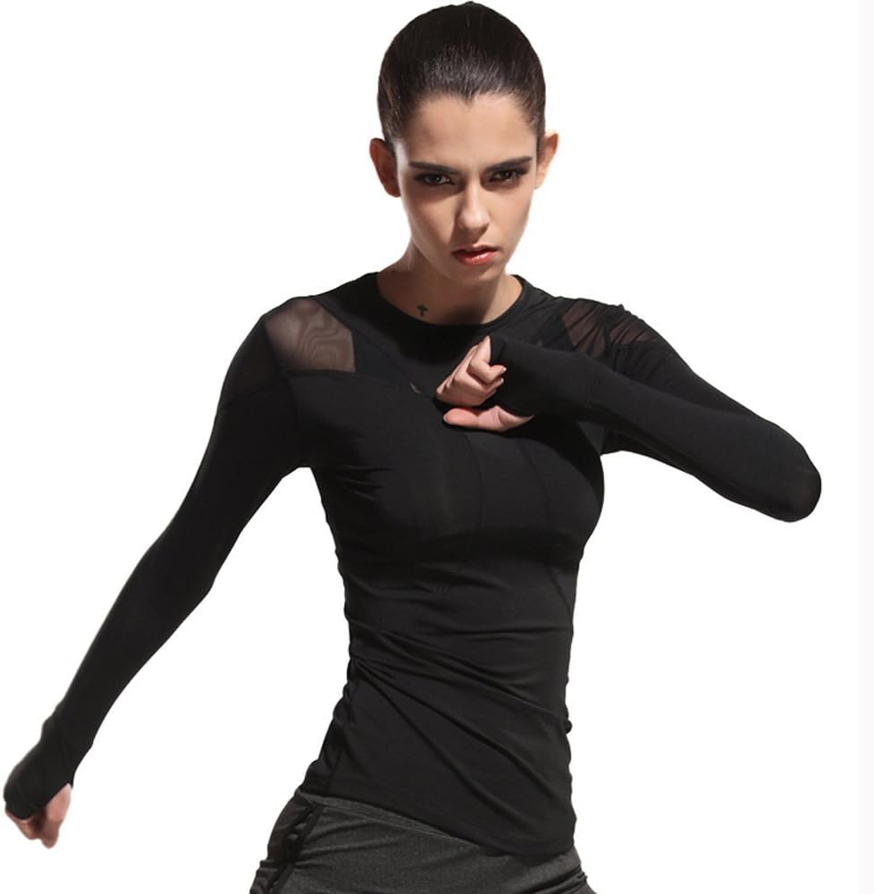 Yabliss Black Sport Shirts for Women with Thumb Holes Long Sleeve Tops Running Fitness Workout(Size XL)