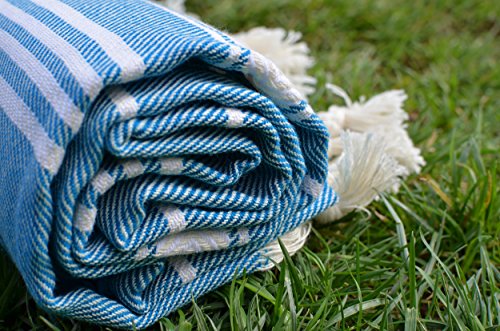 Dandelion - Basic Pattern - Naturally-Dyed Cotton Turkish Towel Peshtemal - 71x39 Inches - Ocean Blue - Thumbnail 5