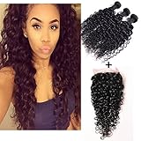 Luduna Water Wave Bundles with Closure Brazilian Virgin Hair Water Wave 3 Bundles with Closure 8a Unprocessed Human Hair Extensions (18 20 22+16, Natural Color)