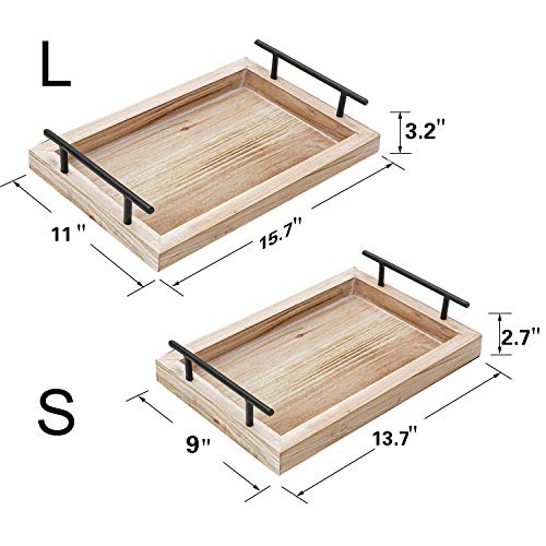 Wooden Serving Food Ottoman Trays Set of 2 with Metal Handle for Eating
