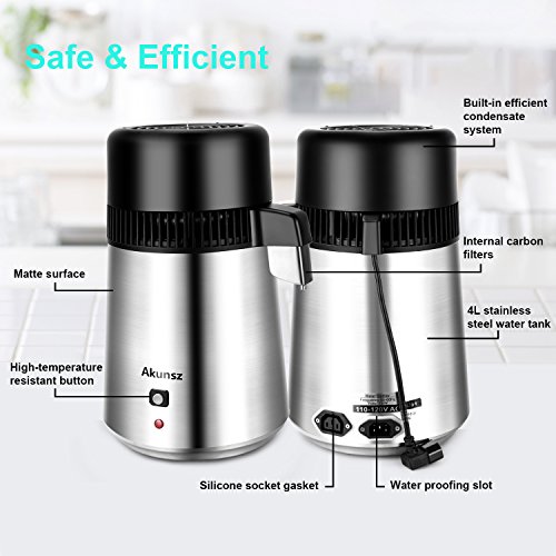 Water Distiller Countertop AKUNSZ 750W 4L Stainless Steel Water Distiller for Home with Glass Container [Security Upgraded Version] - Thumbnail 6